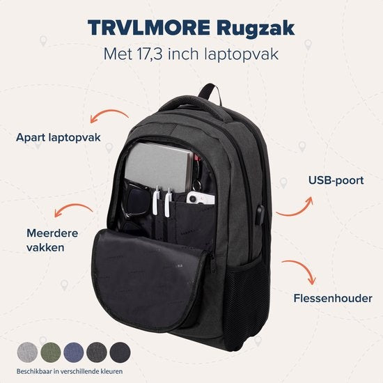 TRVLMORE Sac à dos - 36L - 17 inch - Sac à dos pour ordinateur portable - Sac d'école - Unisex - Splashproof Anthracite