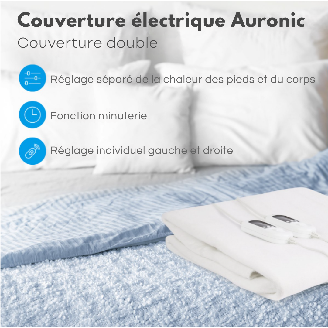 Couverture chauffante Auronic - Zone de pieds réglable - 9 niveaux - 160x150cm - Blanc