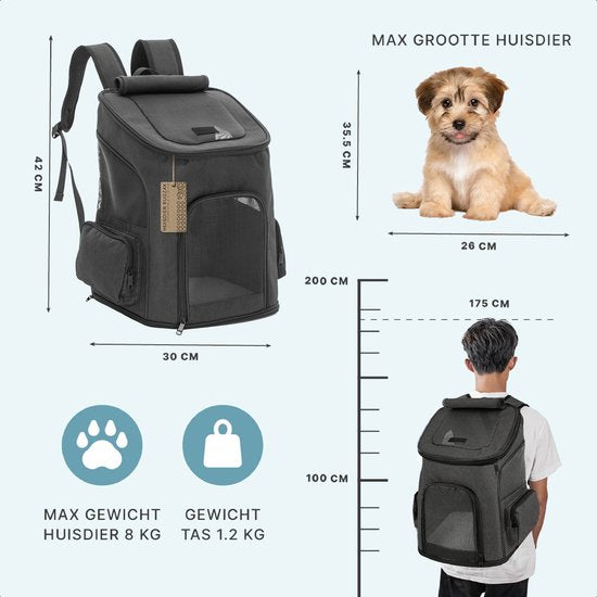 Sac à dos pour chien Jake and Jacky - Sac à dos pour chien - Sac de transport pour chien - Sac à dos pour chat - Sac de voyage pour chat - Jusqu'à 8 kg - Noir