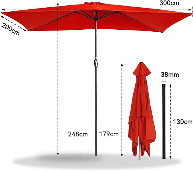 Angel Living Parasol de jardin - 2 x 3 m - Aluminium - Inclinable - Rouge