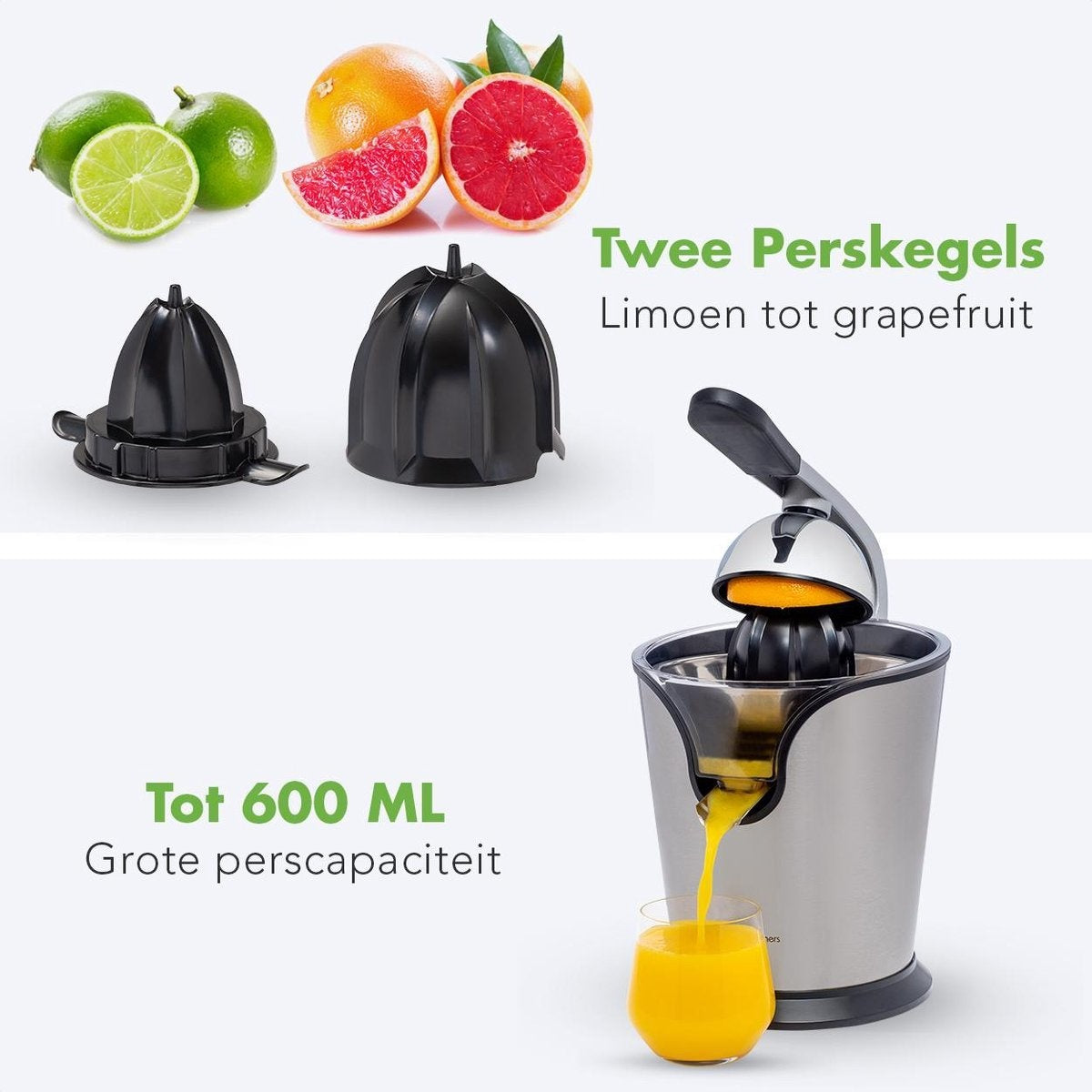 Presse-agrumes électrique - KitchenBrothers - Presse-orange et citron - 160W - acier inoxydable - Noir