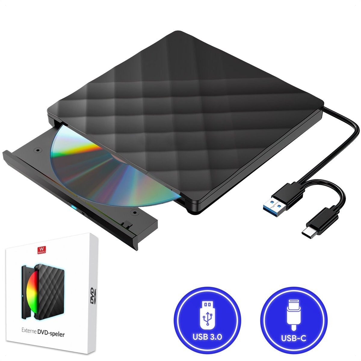 WADU lecteur DVD externe pour ordinateur portable - Lecteur optique et graveur - Lecteur DVD/CD - Convient aux ordinateurs portables et Macbook - Mini USB et USB C