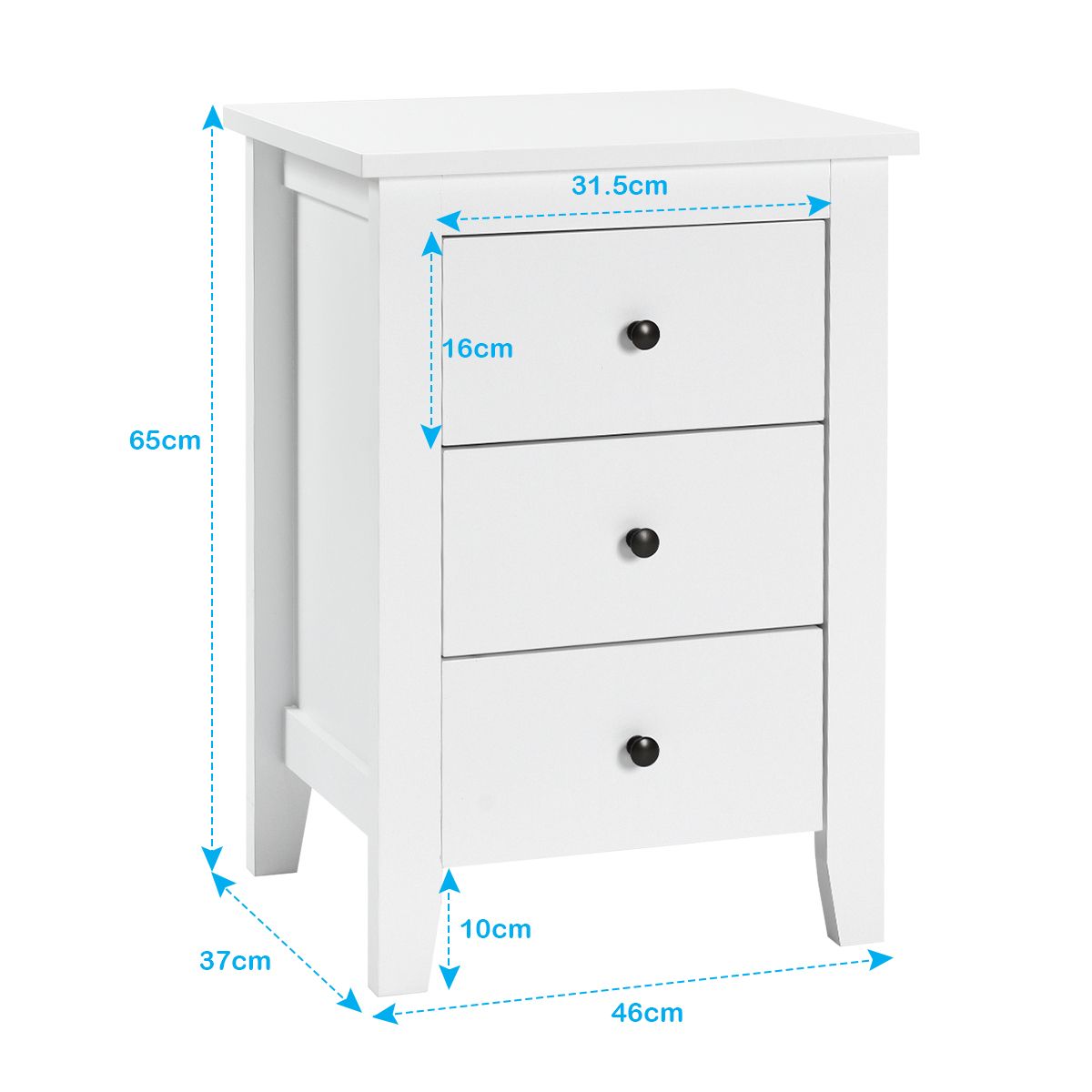 Coast Bedside Table with 3 Drawers Modern - White - 46 x 37 x 65 cm - Stylish & Spacious Storage