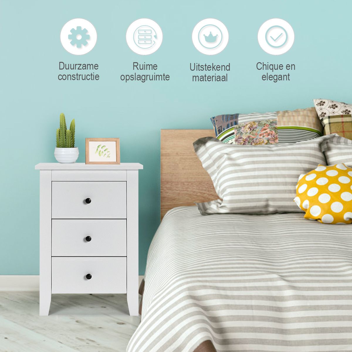 Coast Bedside Table with 3 Drawers Modern - White - 46 x 37 x 65 cm - Stylish & Spacious Storage
