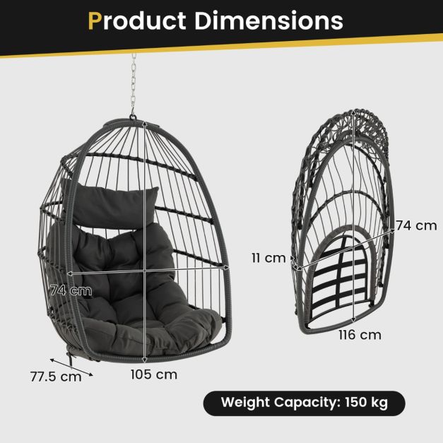 Coast Foldable Hanging Chair made of PE-Rotan - Grey - 77,5 x 74 x 105 cm - Coussin de siège et de tête inclus - Pour l'intérieur et l'extérieur