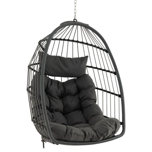 Coast Foldable Hanging Chair made of PE-Rotan - Grey - 77,5 x 74 x 105 cm - Coussin de siège et de tête inclus - Pour l'intérieur et l'extérieur