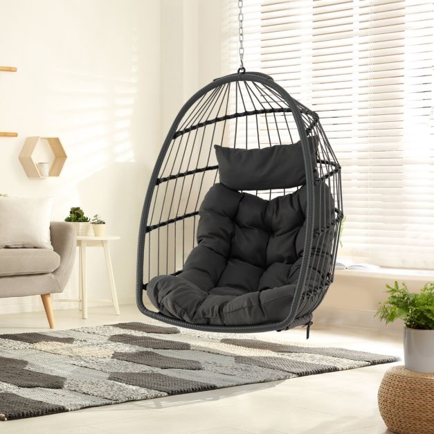 Coast Foldable Hanging Chair made of PE-Rotan - Grey - 77,5 x 74 x 105 cm - Coussin de siège et de tête inclus - Pour l'intérieur et l'extérieur