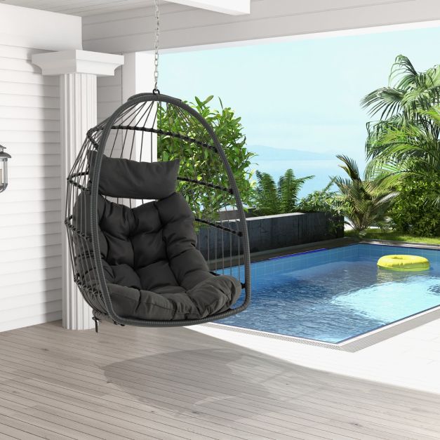 Coast Foldable Hanging Chair made of PE-Rotan - Grey - 77,5 x 74 x 105 cm - Coussin de siège et de tête inclus - Pour l'intérieur et l'extérieur