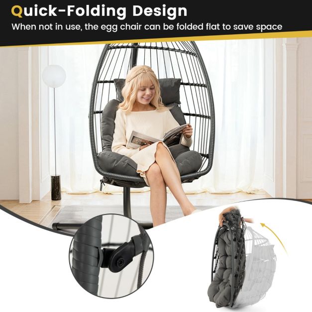 Coast Foldable Hanging Chair made of PE-Rotan - Grey - 77,5 x 74 x 105 cm - Coussin de siège et de tête inclus - Pour l'intérieur et l'extérieur