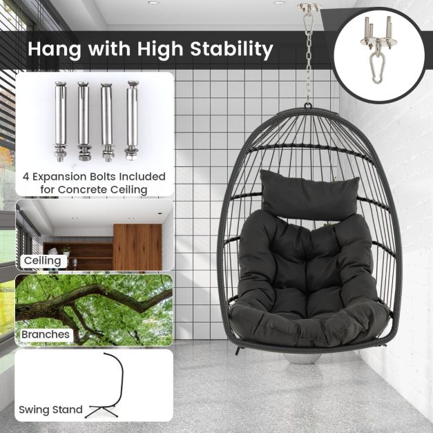 Coast Foldable Hanging Chair made of PE-Rotan - Grey - 77,5 x 74 x 105 cm - Coussin de siège et de tête inclus - Pour l'intérieur et l'extérieur