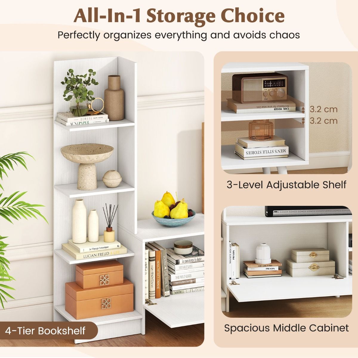 coast Living Meuble TV mural - Blanc - 140 x 31 x 115,5 cm - TV jusqu'à 50 pouces - Bibliothèque et étagère réglable