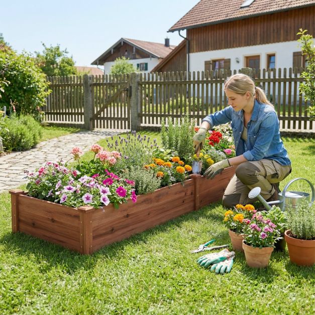Jardinière surélevée Coast Brown - Jardinière de cuisine en bois avec 2 compartiments de culture et séparateur - 228 x 62 x 25 cm