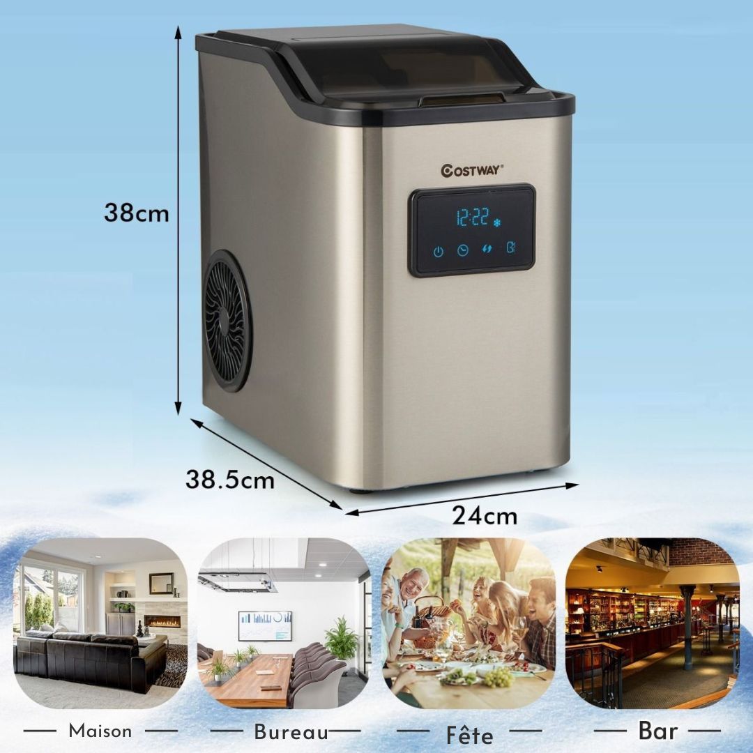 Machine à glaçons Coast Nugget - glace pilée - 24 kg/jour - Réservoir d'eau 2.5L - 38.5 x 24 x 38 cm - Argent