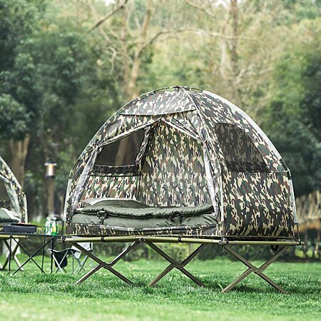 Lit de camping OGS32-TN Surélevé avec toit - SoBuy - Pliable 4en1 - Charge max 114 kg - Camouflage