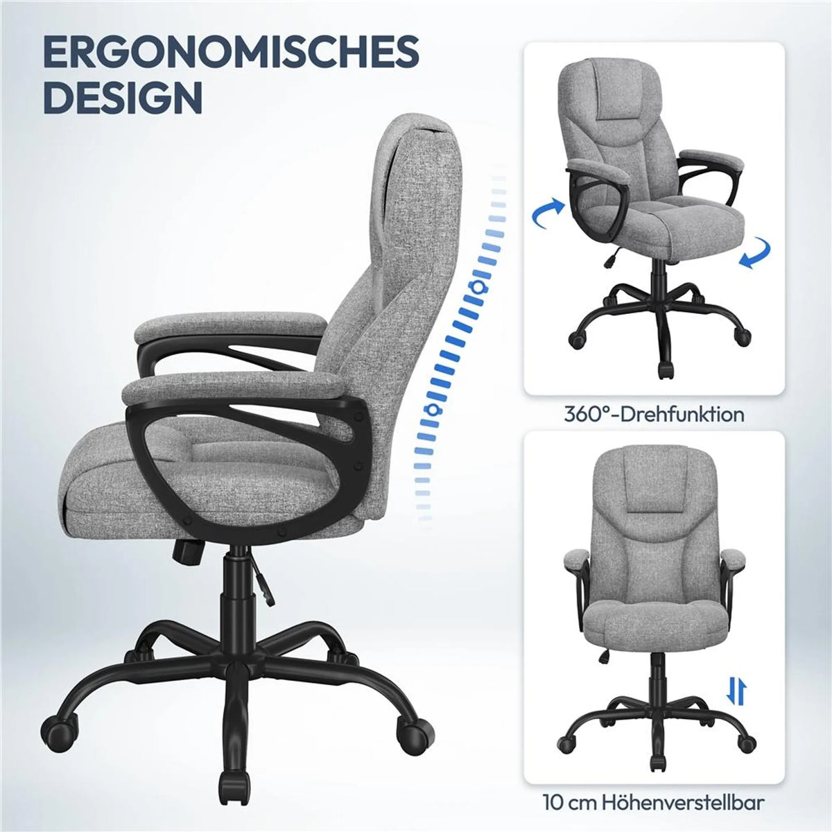 Chaise de bureau ergonomique avec accoudoirs, pivotante à 360°, réglable en hauteur et dotée d'une fonction de balancement, grise