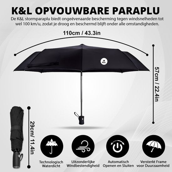 K&L Storm Parapluie pliable - Résiste à la tempête jusqu'à 100km/h - Parapluie à déploiement automatique - Housse de protection incluse - Noir