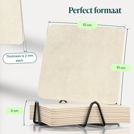Sous-verres en simili cuir Castagnola – Sous-verres pour verres – Sous-verres design avec support – Lot de sous-verres en cuir avec support métallique – Cuir – Lot de 10 – Blanc cassé – 10 x 10 cm