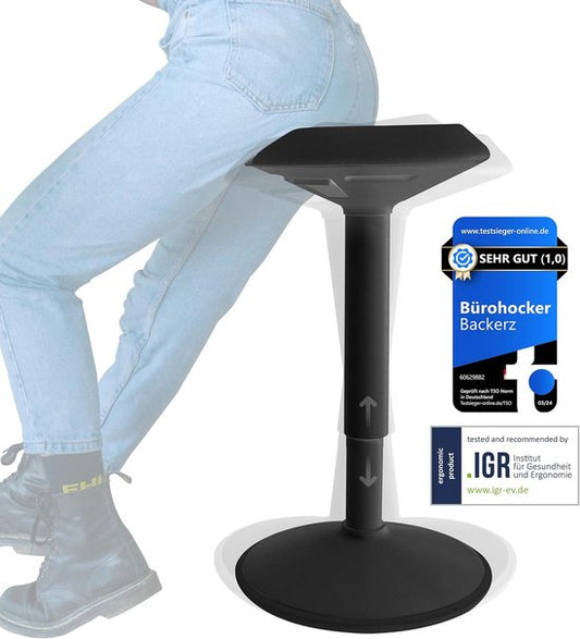 Tabouret oscillant Backerz - Tabouret oscillant ergonomique, hauteur 40-60 cm - Tabouret d'équilibre - Tabouret assis-debout - Tabouret en forme de selle, noir