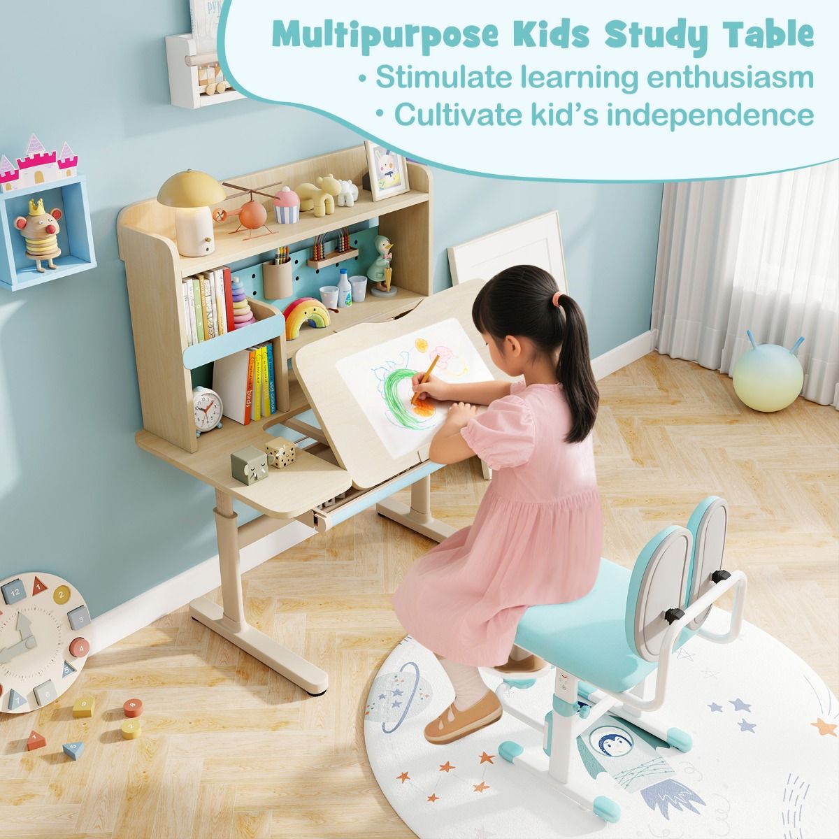 table enfant coast - hauteur réglable 52-74 cm - bureau inclinable 0°-60° - tiroir et casier - bleu - 100 x 60 x 111-135 cm