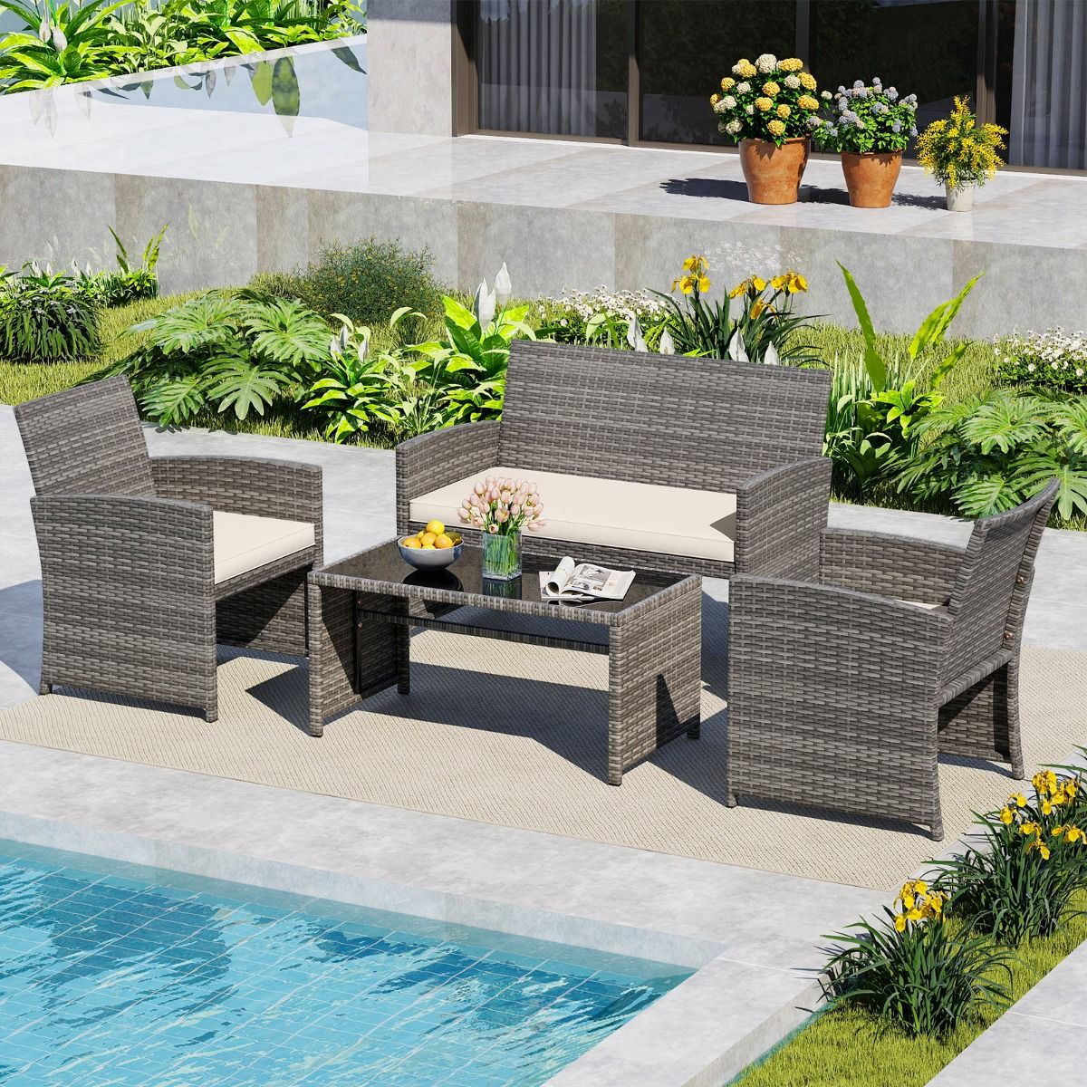 Ensemble de mobilier de jardin Coast 4 pièces - ensemble de salon en rotin avec coussins blancs - table avec verre de sécurité - gris