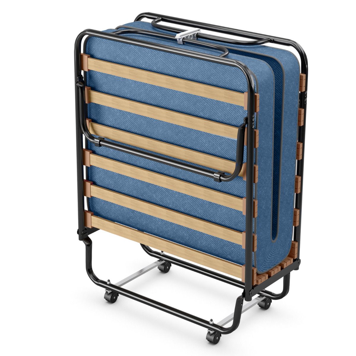 Lit d'appoint avec matelas, Coast, Pliable, Mousse à mémoire de forme, Cadre métallique avec roues, 190 x 80 x 33 cm, noir/bleu