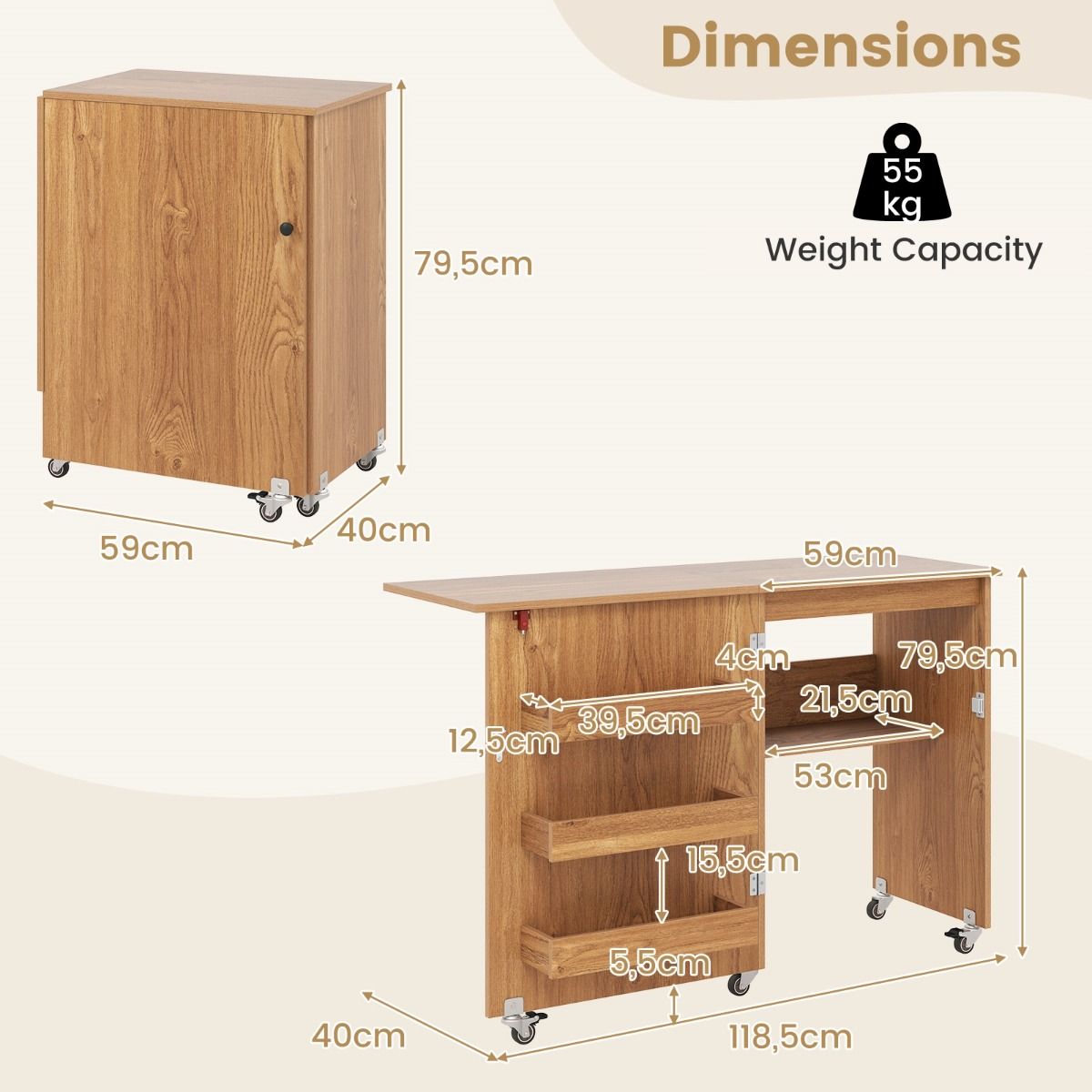 Table de couture pliable Coast - Station de loisirs créatifs mobile avec étagère de rangement - Trois bacs de rangement dissimulés - Couleur naturelle - 118,5 x 40 x 79,5 cm