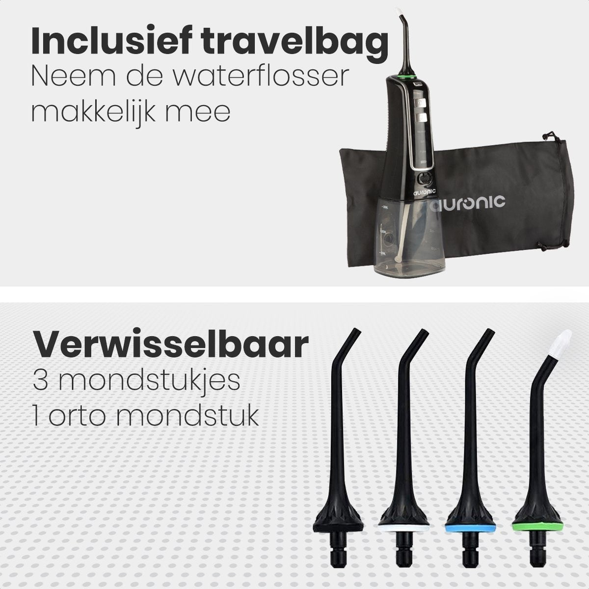 Auronic Water Flosser - électrique - bain de bouche - 3 étapes - 4 buses - 300 ml - noir