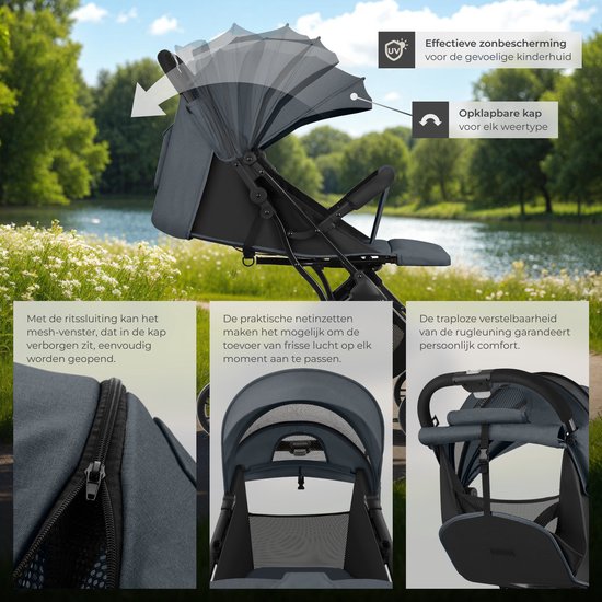 tectake® Buggy Pushchair Finn - Poussette pliante légère - Pliable et avec capote pliante - Protection solaire - Capacité de charge 15kg - Anthracite