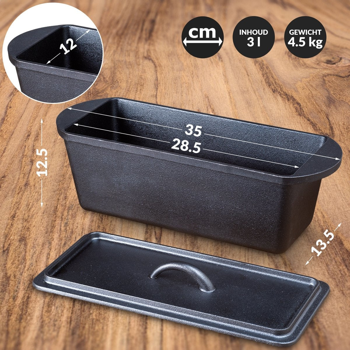 Chefarone Gietijzeren Broodvorm – Broodbakvorm – Bakvorm - Cakevorm Rechthoek - Ambacht Brood Bakken uit eigen Oven– Inclusief Deksel, Spatel en Rijsmand - 35 x 13,5 x 12,5 cm