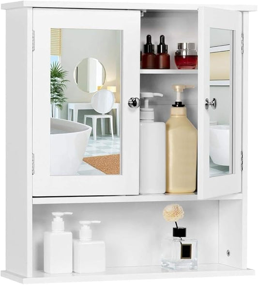 Armoire de salle de bains Yaheetech avec 2 portes miroir et compartiment de rangement ouvert - Blanc