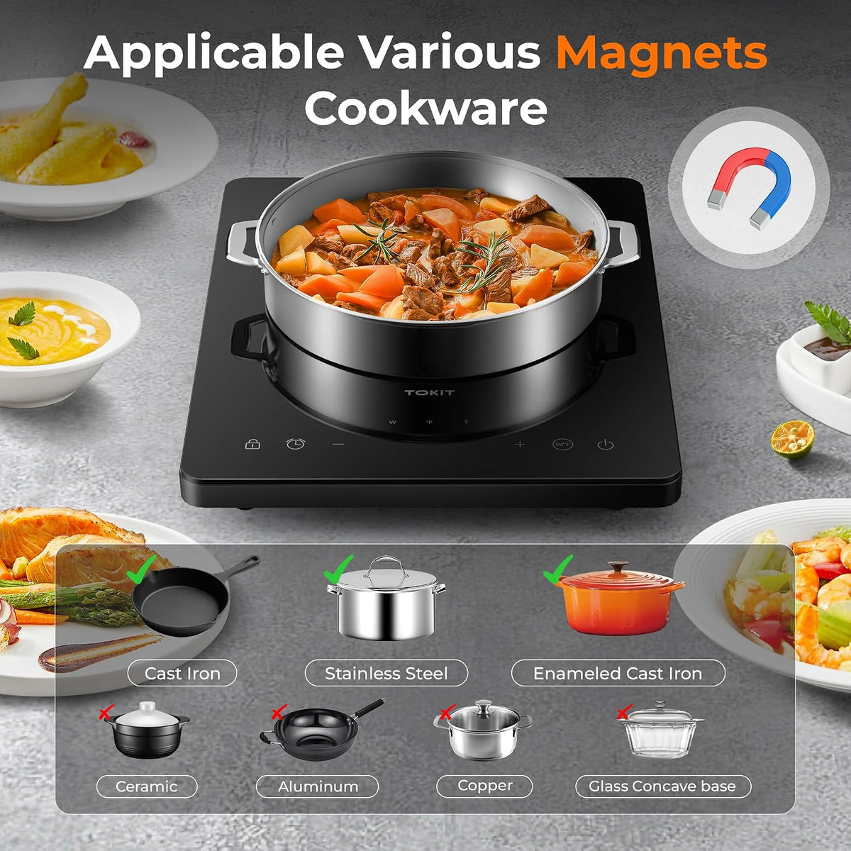 Plaque à induction Tokit 2000 W – 9 niveaux de cuisson, minuterie de 90 min – Ultra-fine (40 mm) – Noire