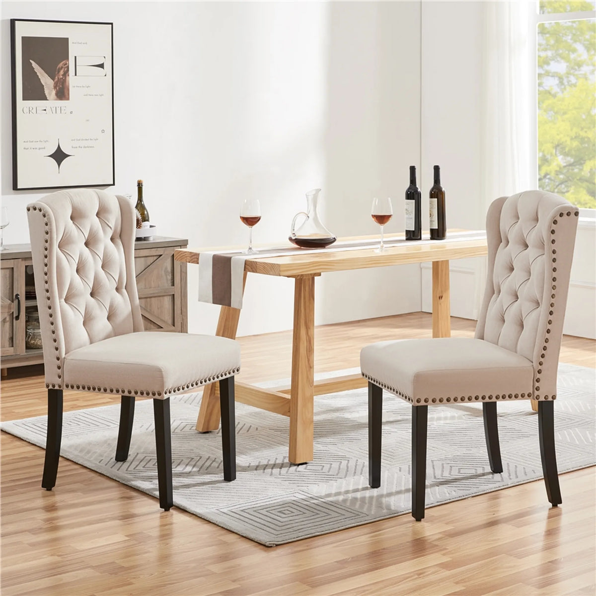 Lot de 2 chaises de salle à manger vintage rembourrées, avec pieds en bois et clous décoratifs, couleur beige
