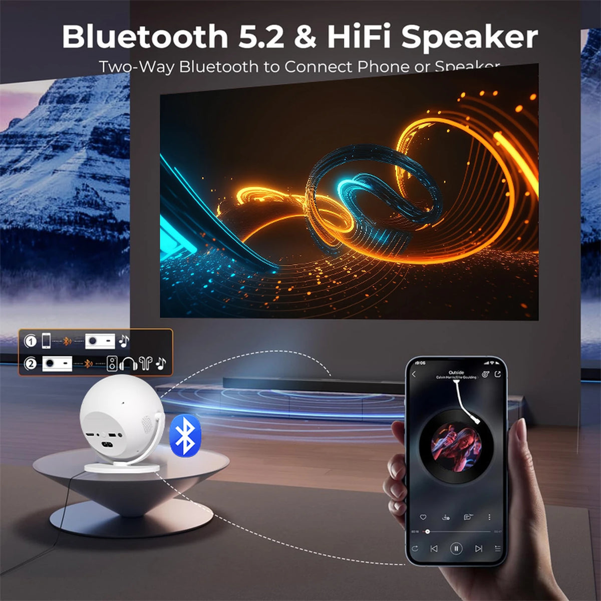 Projecteur XBJ 360° - Full HD 1080p - Compatible 4K - 900 lumens ANSI - Image de 200 pouces - Wi-Fi et Bluetooth