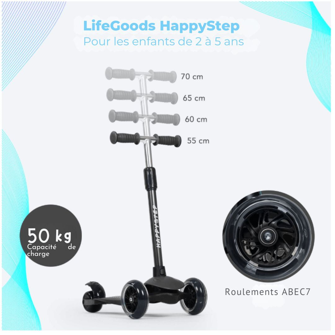 Scooter pour enfants LifeGoods HappyStep - Étape 2-5 ans - 3 roues lumineuses - Garçons/Filles - Noir