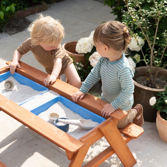Table de pique-nique Sunny Dave « Zand & Water » en marron pour enfants - Table de pique-nique multifonctionnelle avec 2 bacs amovibles en plastique - Bois certifié FSC