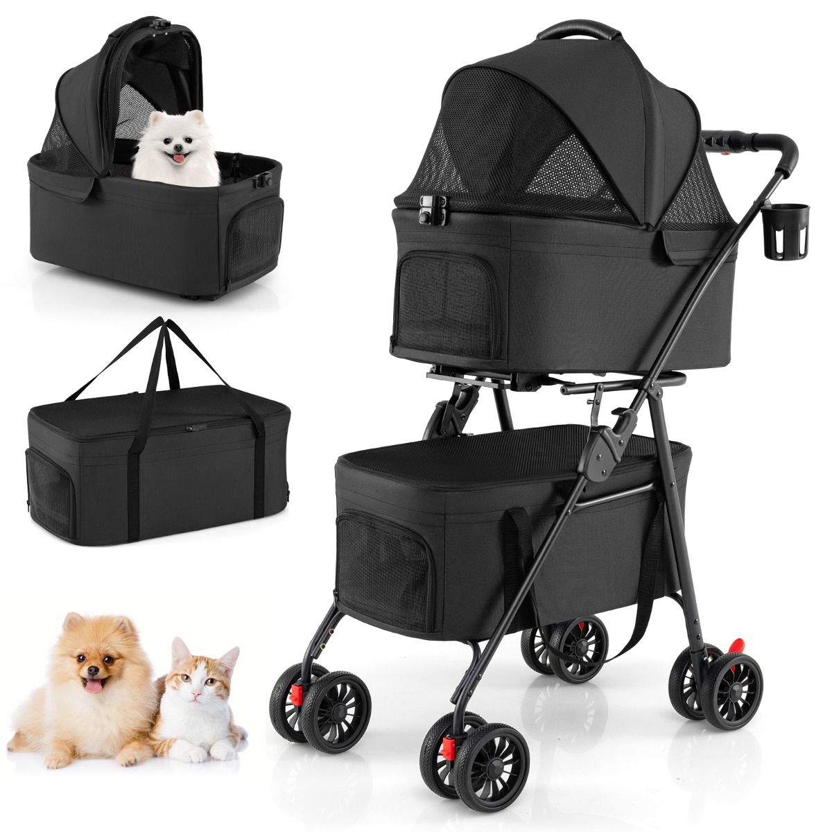 Chariot pliable double pour animaux de compagnie Coast - 3-en-1 avec caisses de transport amovibles - roues tout-terrain - noir