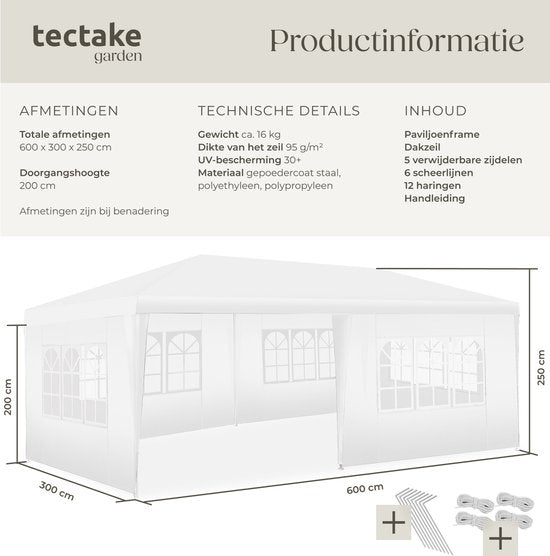 tectake® Pavillon Novara - Tente de réception 3x6 m - Bâche imperméable avec 5 panneaux latéraux amovibles - Pavillon de jardin résistant aux intempéries - Lignes de tension et piquets inclus - blanc
