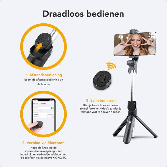 Studio ME 3 in 1 Selfie Stick Tripod - Selfie Stick Universel - Photo et Vidéo - Télécommande Bluetooth - Support pour téléphone - Trépied pour téléphone