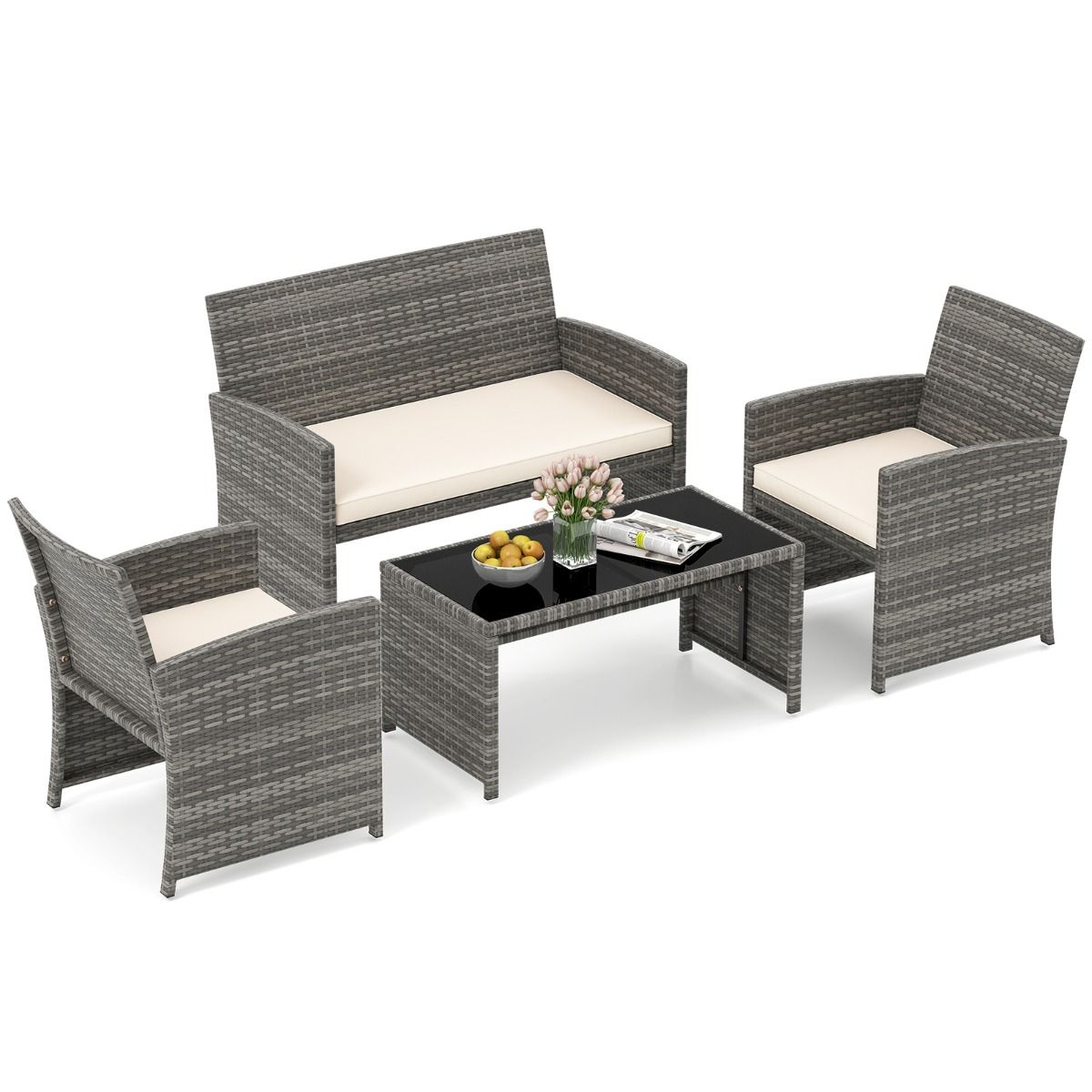 Ensemble de mobilier de jardin Coast 4 pièces - ensemble de salon en rotin avec coussins blancs - table avec verre de sécurité - gris