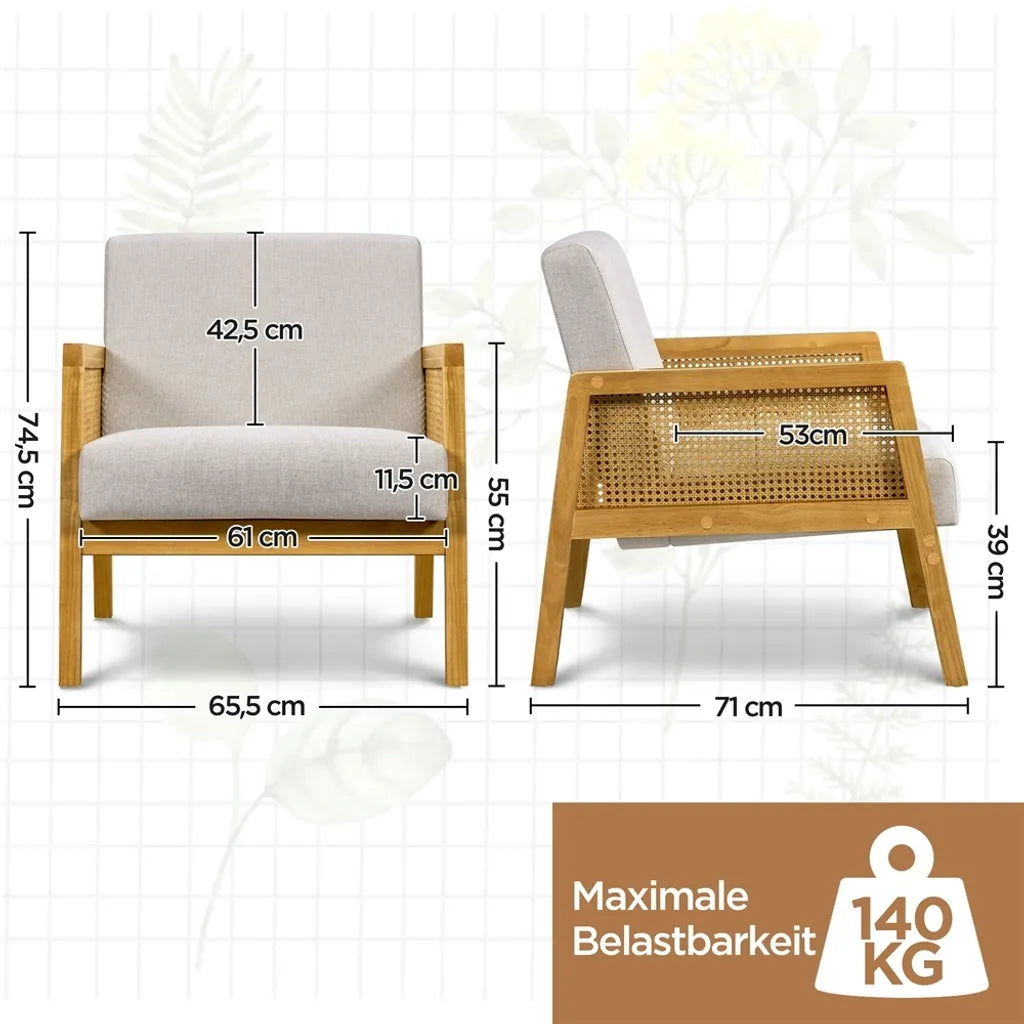 Fauteuil Yaheetech 65,5 x 71 x 74,5 cm - Beige - Fauteuil de salon rembourré avec accoudoirs en rotin
