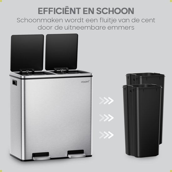 Poubelle O'DADDY® - Poubelle – Duo Bin – 60 litres – Fermeture douce – 58,6 x 32 x 65 cm – 2 seaux intérieurs / compartiments - Poubelle - Poubelle à pédale 60 L - Corbeille à papier - Poubelle - Poubelle pour le tri sélectif – 15 sacs poubelle inclus – A