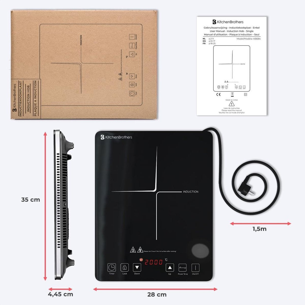 Table de cuisson - KitchenBrothers - Induction - 1 brûleur - pose libre - 2000W - Noir