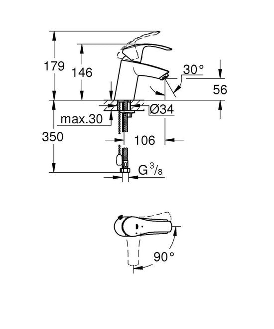 Robinet de lavabo GROHE Eurosmart New - Bec bas - Avec chaîne d'arrêt - Chromé