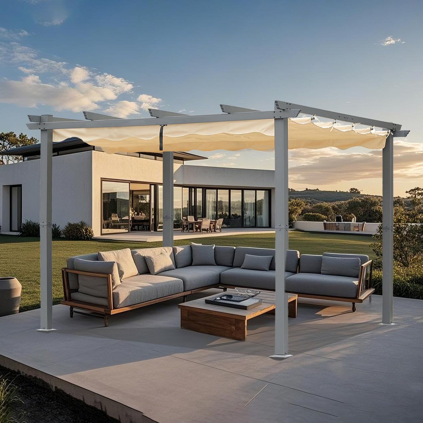 Pergola de terrasse Angel Living en aluminium avec toit rétractable - 3 x 4 m - Beige