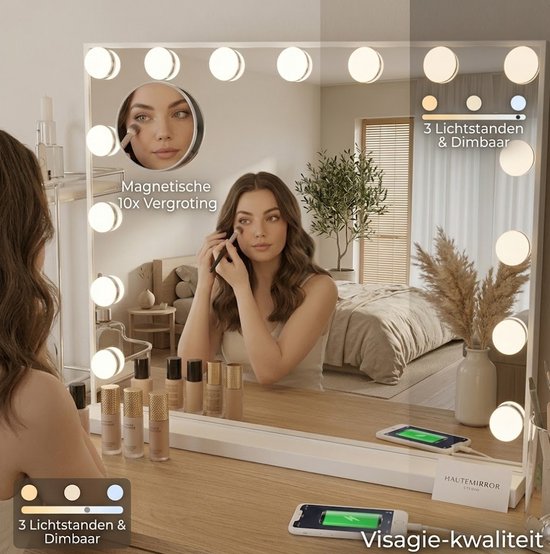 Miroir OMNIEXA Hollywood 58 × 46 cm – 15 ampoules LED – 3 couleurs de lumière – Intensité réglable – Grossissement 10x – USB-C – Miroir de maquillage – Miroir de coiffure – Coiffeuse – Blanc