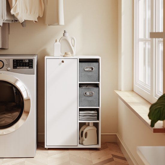 Meuble de salle de bains SoBuy avec panier à linge, armoire de rangement avec 2 paniers en tissu, peu encombrant, linge sale, blanc, pour buanderie BZR218-W