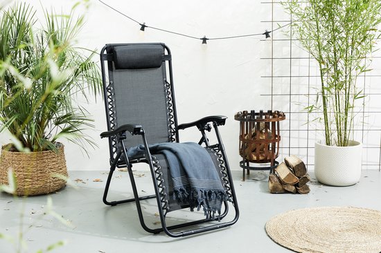 909 Outdoor - Chaise longue - avec coussin de tête - dossier et repose-pieds réglables - acier - 92 x 65 x 114 cm - pliable - poids maximal : 120 kg