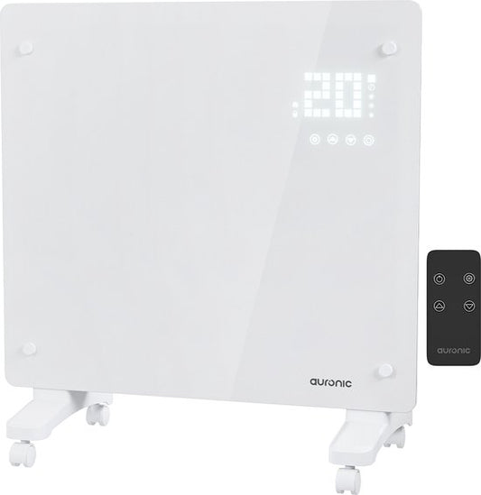 Chauffage électrique Auronic - convecteur avec thermostat et télécommande -  panneau en verre - 1000W - Blanc