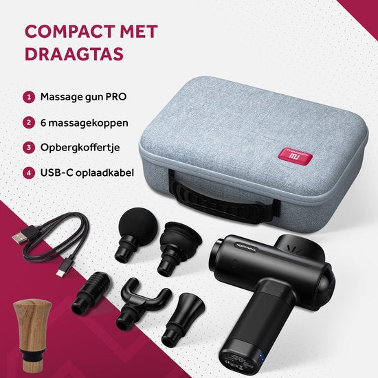 Northwall Massage Gun Professional PRO - Pistolet de massage avec étui et 6 accessoires dont une tête de massage en chêne - Appareil de massage sportif et de relaxation puissant et sans fil