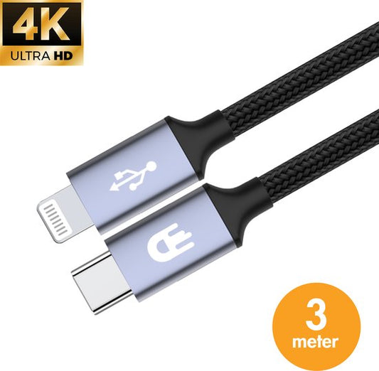 Drivv. Câble de charge USB C pour iPhone et Apple - Câble USB C à 8 broches - Chargement rapide - Câble de charge - Nylon - Gris - 3 mètres